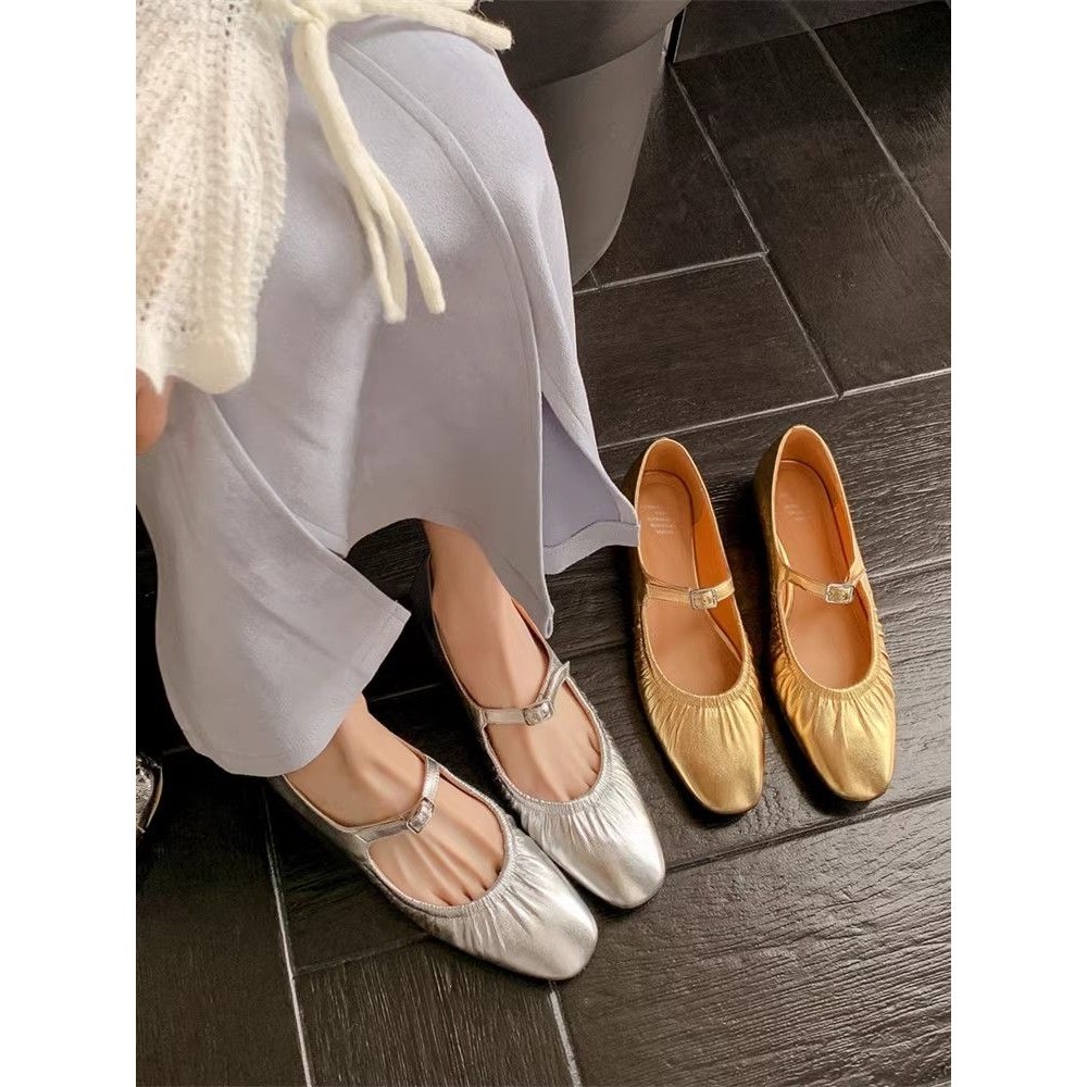Sepatu Mary Jane Perak   Sepatu Musim Semi Baru Mokasin Bulat Ujung Bawah Datar Mokasin Emas Sepatu 