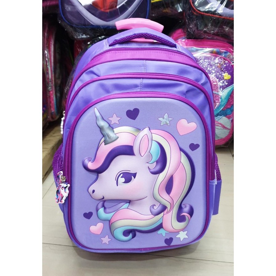 Baru Tas SD Trolley Anak Perempuan UNICORN KUDA PONY Pirang EMBOS UNGU