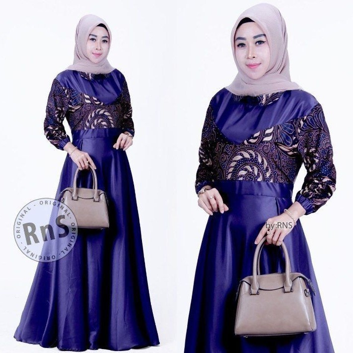 GAMIS BATIK KOMBINASI POLOS / BAJU BATIK PESTA WANITA MUSLIMAH TERBARU - Navy