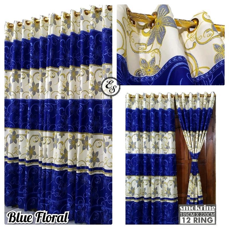 Gorden pintu dan jendela  minimalis blue floral Kain