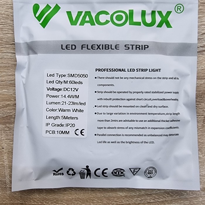 LAMPU LED STRIP VACOLUX DC 12 VOLT WARM WHITE 3000K