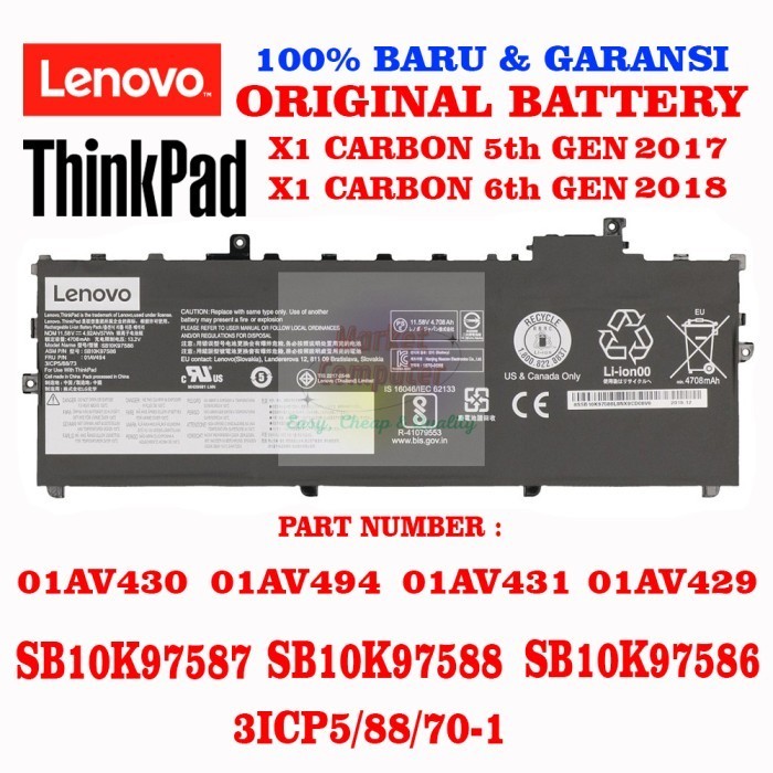 Promo ORINAL BATTERY BATERAI LAPTOP LENOVO X1 CARBON 6TH GEN 5TH GEN X1C