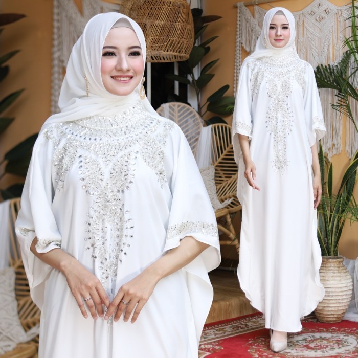 Kaftan Farah Quin Putih Baju Muslim Pesta Mewah Lebaran Murah Far Kt