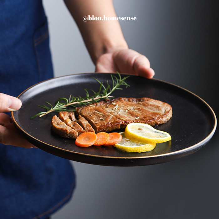 Piring Keramik Hitam Putih List Gold Mewah Steak Hotel Aesthetic