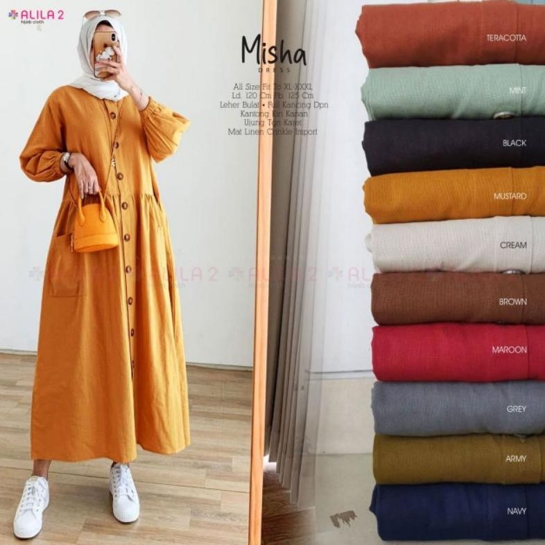 MISHA DRESS MIDI ALILA / MISHA 1 2 MIDI DRESS KATUN LINEN CRINKLE IMPORT LD120 JUMBO LONGTUNIK GAMIS