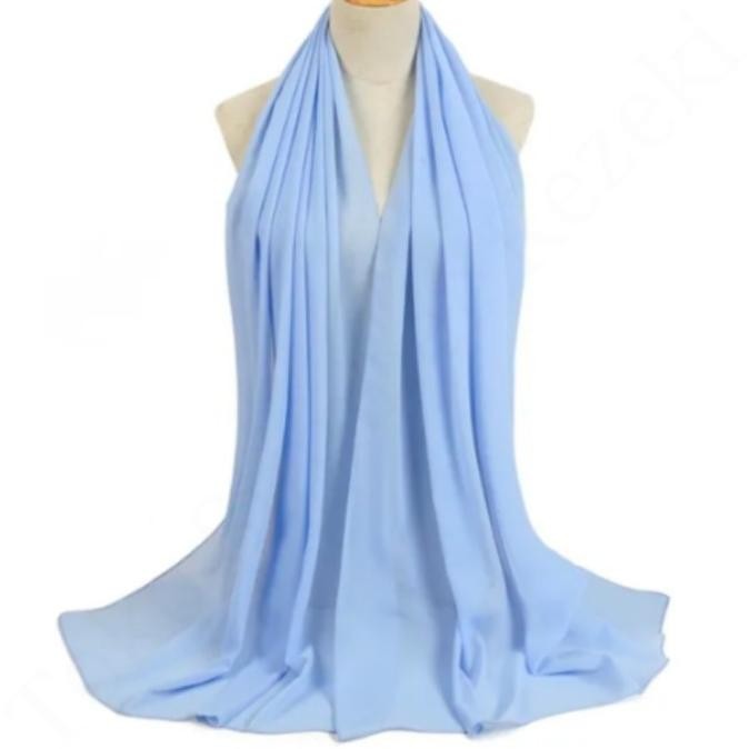 Syal Sifon Biru Selendang Blue Shawl Scarf Plain Retro Polos Laut Muda