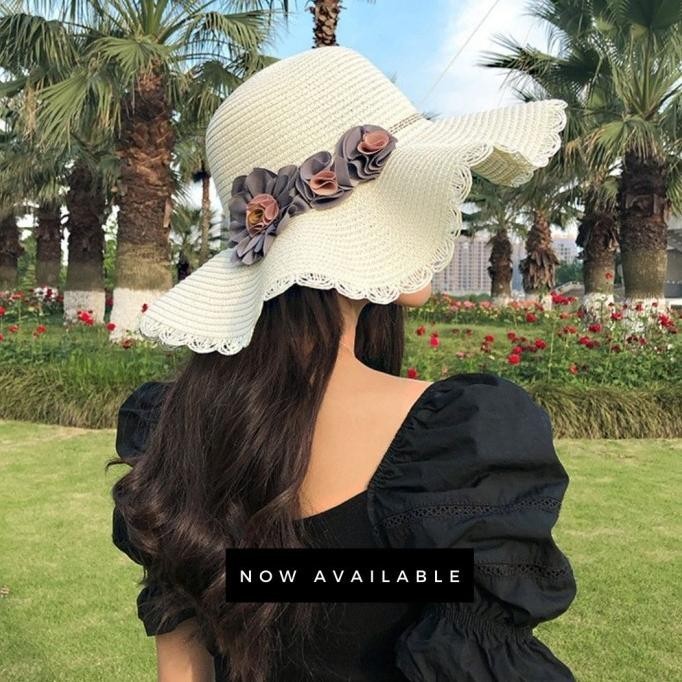 Topi Jerami Wanita Bergelombang / Topi Pantai Cantik Bunga Pink Khaki