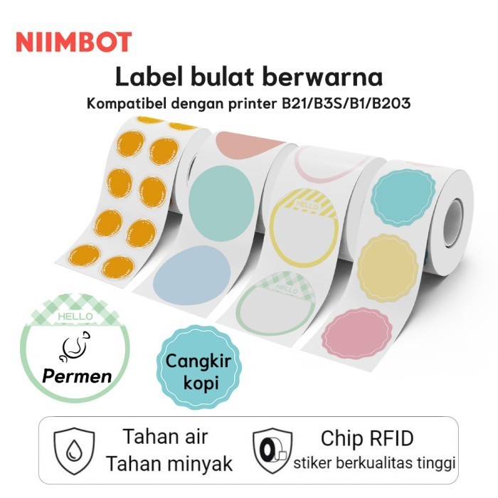 

NIIMBOT B21/B1/B203/B3S Stiker nama tahan air kertas label warna bulat
