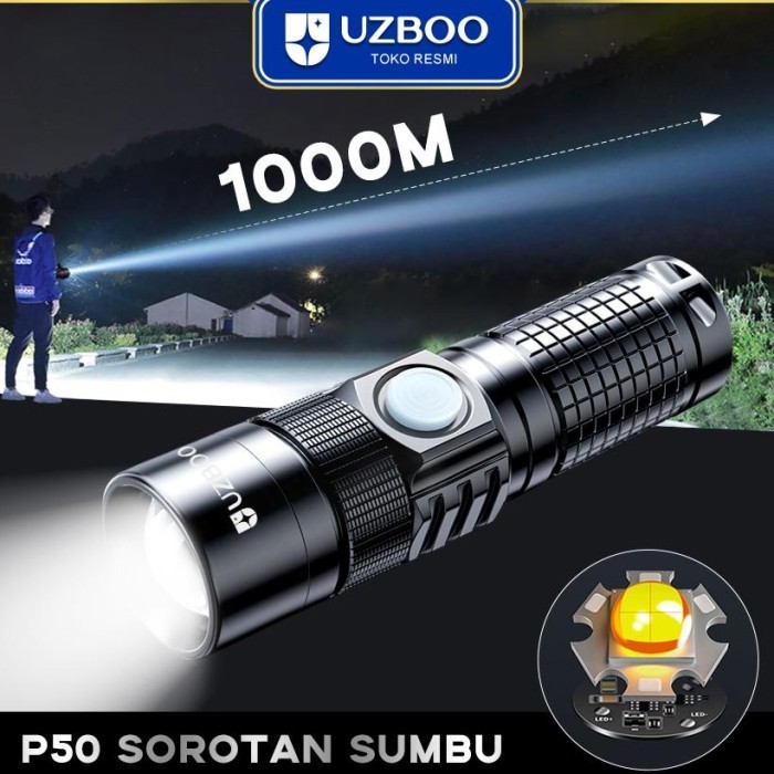 UZBOO Senter Super Mini Jarak Jauh 1000M Lampu Senter LED Senter Fokus
