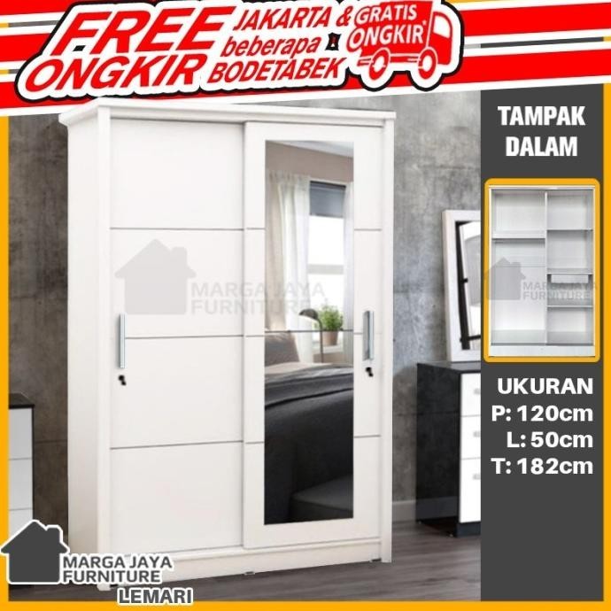 Lemari Pakaian Baju 2 Pintu Sliding Putih + Kaca Cermin Minimalis
