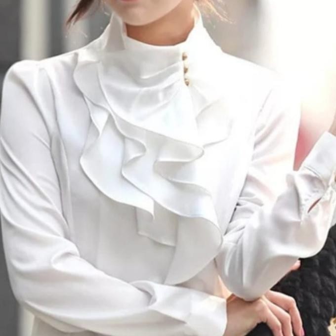 Atasan Hem Shirt Blouse Baju Wanita Rempel Ruffle Leher Tinggi Putih
