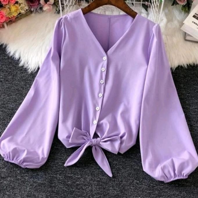 Atasan Baju Wanita Ungu Purple Lilac Lavender Top Blus Polos Kancing