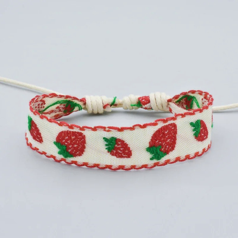 Gelang Katun Linen Stroberi Manis Gaya Etnik Gelang Buatan Tangan Retro Tali Renda Bordir Persahabat