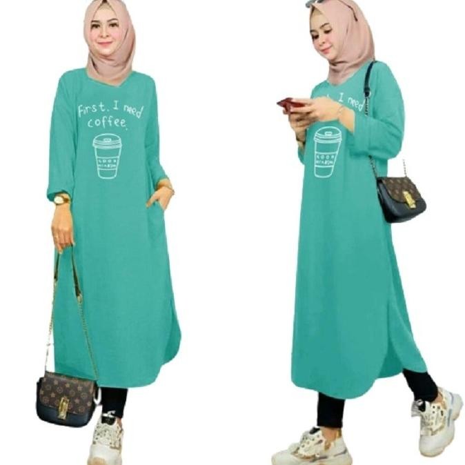 Tunik Jumbo First I Need Coffe Toska Tua [0121] Merk Tao Baju Gamis