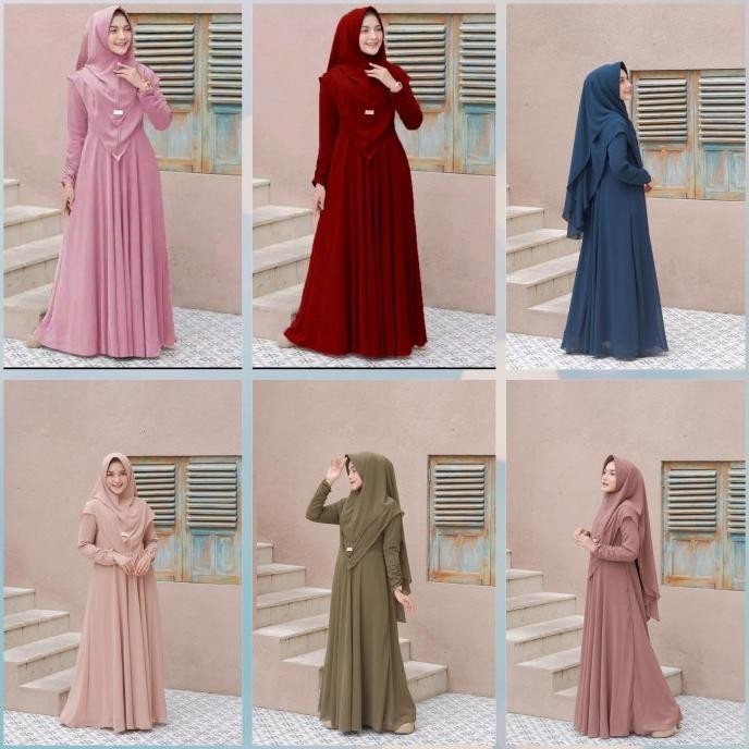 Gamis Dress Polos Syari 4Xl Jumbo Vania Jilbab2 Layer Warna Hijau Army
