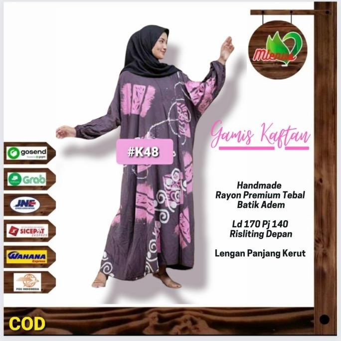 Kaftan Gamis Super Jumbo Modis Batik Lengan Tanggung Kerut Katun Rayon