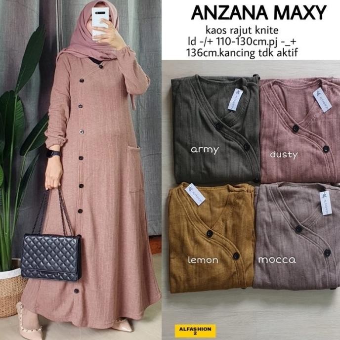 Anzana Maxy Gamis Wanita Muslim Bahan Kaos Rajut Knit Ld 110-130