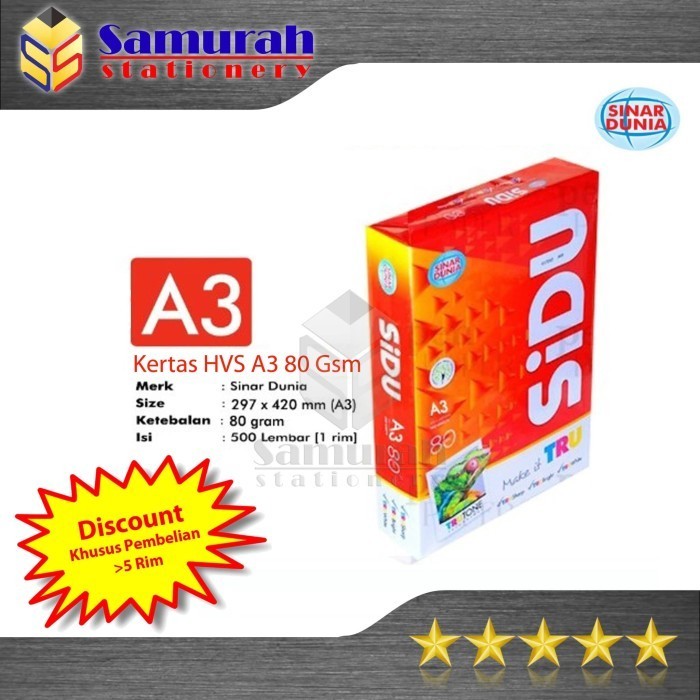

Kertas Hvs Sinar Dunia A3 80 / Hvs Sidu A3 80 / Kertas Sidu A3 80 Gsm
