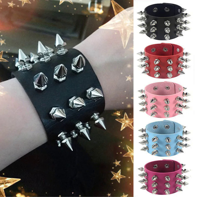 Gelang Kulit Perhiasan Pria Uniseks, Gelang Kulit PU Punk Gothic Rock Paku Keling Paku Keling Tiga B