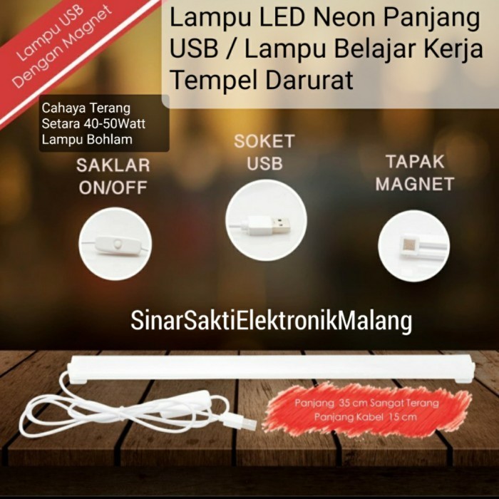 Produk Unggulan] Lampu LED Neon Panjang USB Lampu Belajar Kerja Tempel Darurat Portable