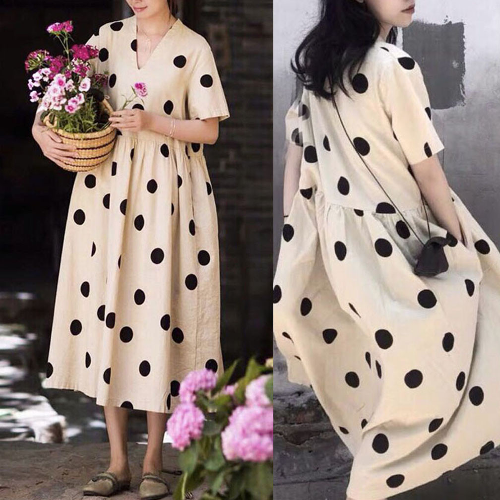 DRESS LINEN PREMIUM KREM POLKA DOT HITAM HIGHWAIST KOREA IMPORT