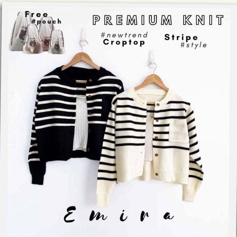 EMIRA CARDIGAN KNIT CROP CARDIGAN RAJUT WANITA STRIPE GAYA KOREA OUTER RAJUT SWEATER GARDIGAN CROP T