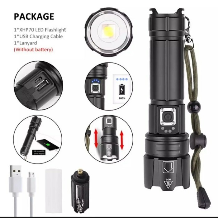 Senter Led Xhp70.2 + Usb Charger Super Terang 4X Police Swat Xhp70
