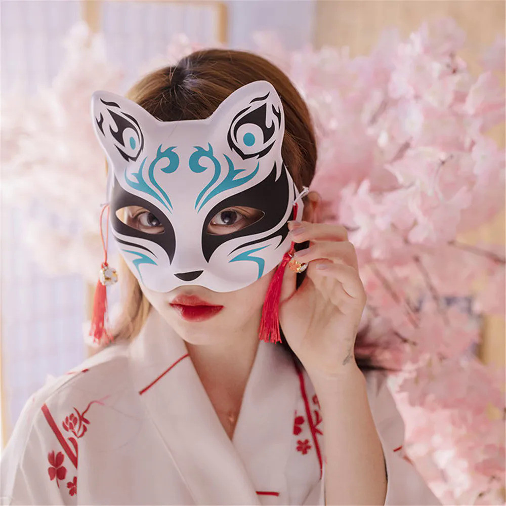 Topeng Wanita Jepang Setengah Wajah Dilukis Tangan Topeng Rubah Kucing Anime Demon Slayer Masquerade