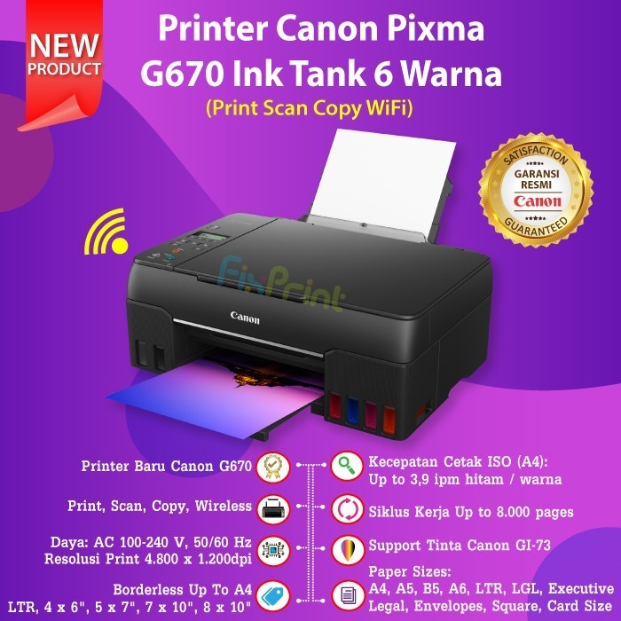 Printer Canon Pixma G670 670 Printer Photo 6 Warna All In One Wifi