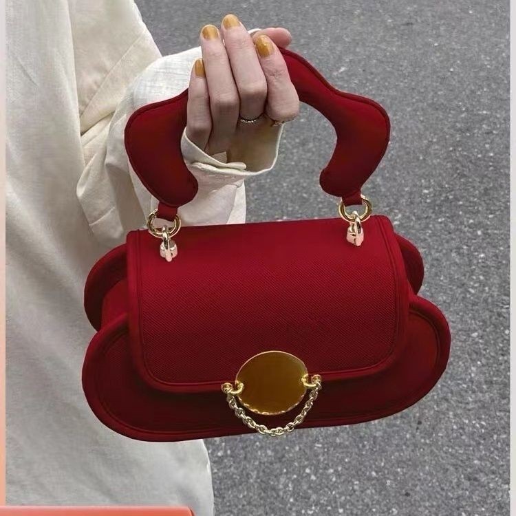 Tas Tangan Pengantin Wanita, Tas Sadel Selempang Bahu Tekstur Canggih Retro Merah Pengantin Perempua