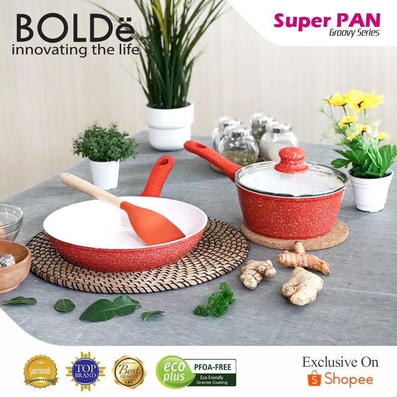 PAKET HEMAT TERLENGKAP DAPUR IBU BOLDe Panci dengan Tutup Kaca + Wajan + spatula nilon / Super Pan