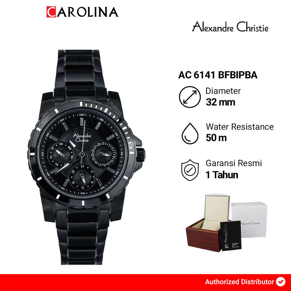 Jam Tangan Wanita Alexandre Christie Multifunction AC 6141 BFBIPBA Black Dial Black Stainless Steel 