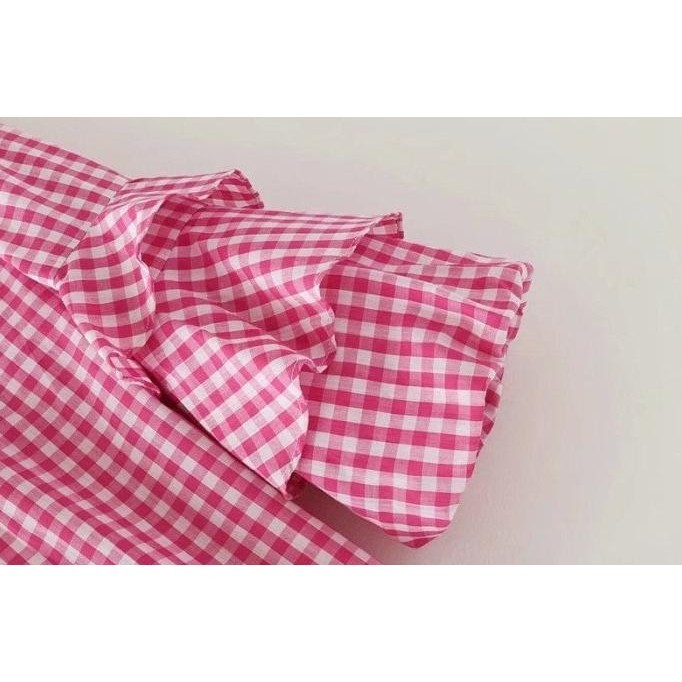 Baju Atasan Wanita Blouse Kotak Lengan Balon Merah Putih BIru Import