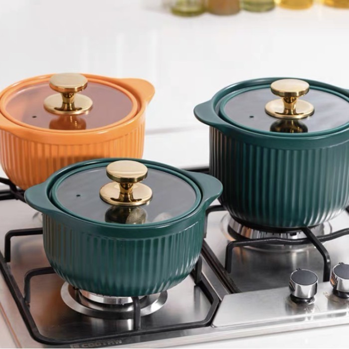 Emerald Casserole Panci Keramik Tutup Kaca Warna Hijau Emas