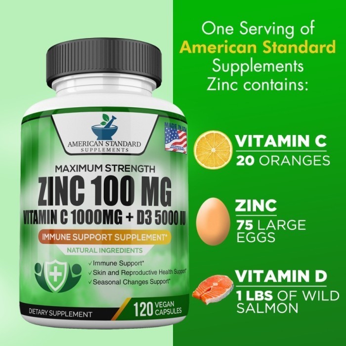 American Standard Supplements Zinc 100 Mg Vitamin C 1000 Mg D3 5000 Iu