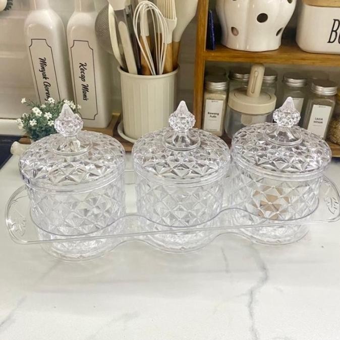 Set 3Pc Toples Kristal Mewah + Rak Toples Lebaran Toples Kue Aesthetik Hazelbrand