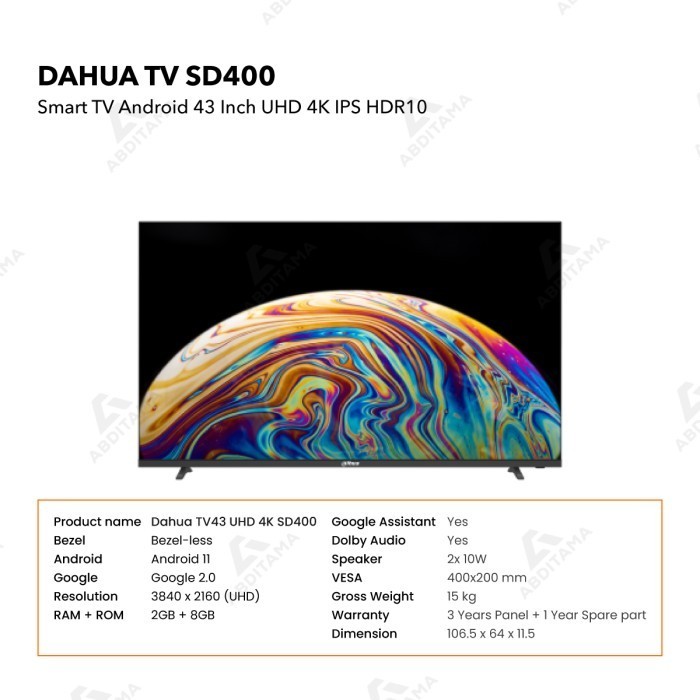 Smart Tv Android Dahua Sd400 43 Inch Ips 4K Hdr10 Dolby Plus Resmi