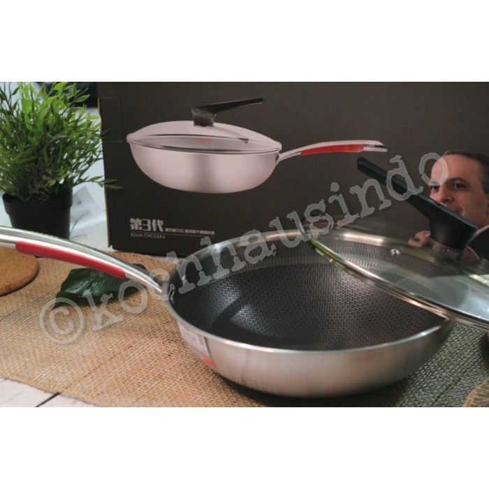 Stainles Steel Honeycomb Wok With Glass Lid Non Stick 304 Stainless Termurah Terlaris Promo