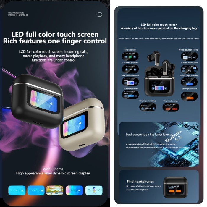 Mitimes Buds V8 Earphone Bluetooth Noise Canceling Smart Touch Display