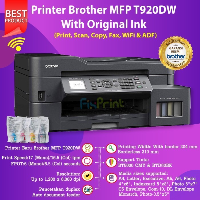 Printer Brother Mfc-T920Dw Print Scan Copy Wifi Fax Pengganti T910Dw
