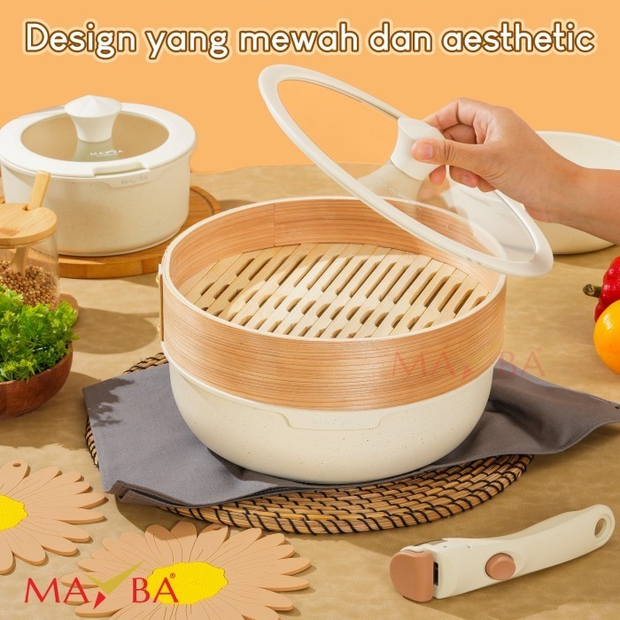 Mayba Fortune 9 Panci Set Anti Lengket Granit Putih + Steamer Bamboo
