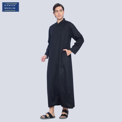 Jubah Pria Slimfit Baju Jubah Gamis Ikhwan Pria Laki Dewasa Kerah Kemeja Kawan Muslim  - Hitam, M Mu
