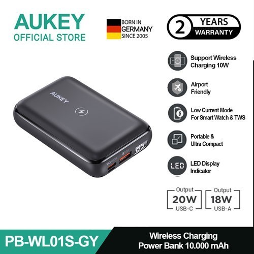 AUKEY PB-WL01S-GY Powerbank Nirkabel 10000mAh USB C 20W PD 3.0 Slim - Grey