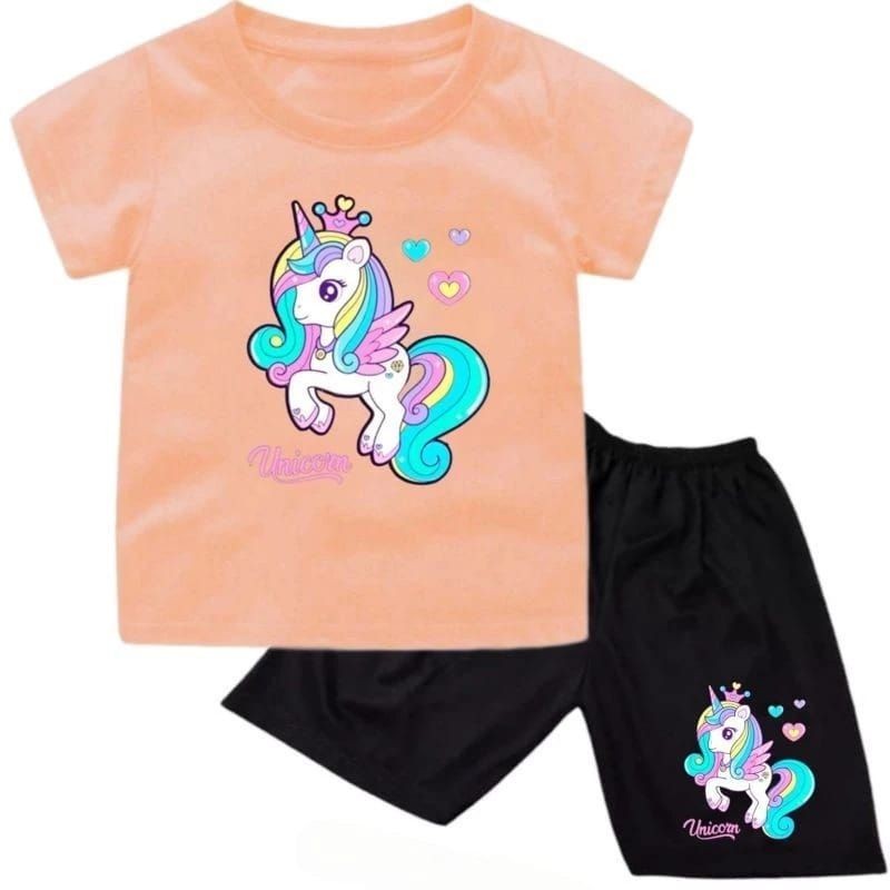 baju kaos setelan anak anak cewek motif yunicorn untuk umur 1-10 tahun