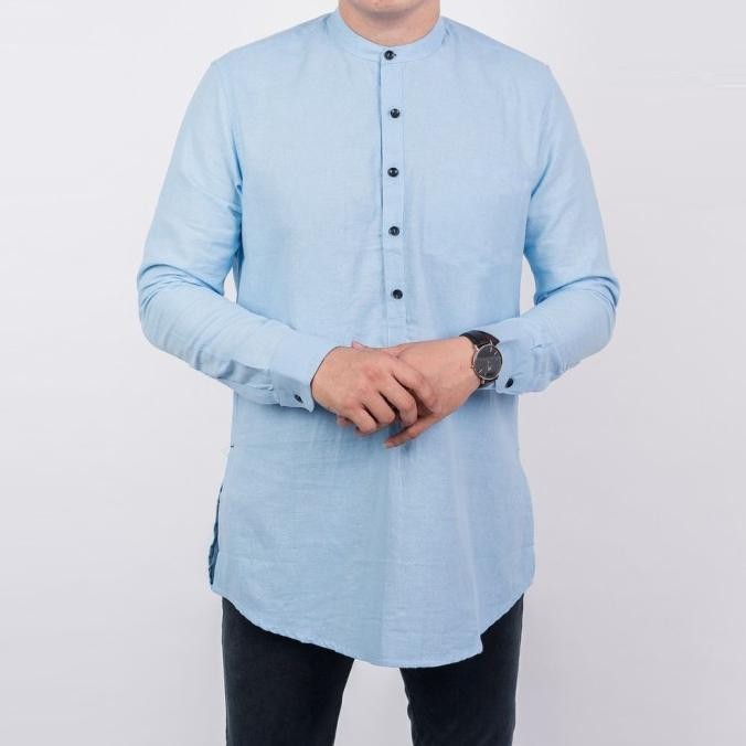 Baju Koko Kemeja Pria Kurta Pakistan Baju Muslim Biru Muda Oxford