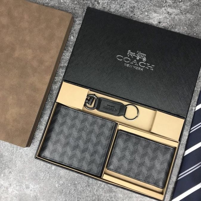 Coach Mens Compact Id Leather 3 In 1 Wallet&Key Chain Gift Box