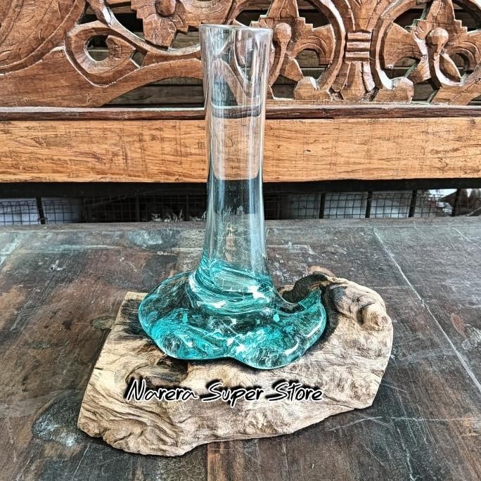 Vas Bunga Cantik 20 Cm Kaca Tiup Alas Akar Kayu Murah Ekonomis Natural