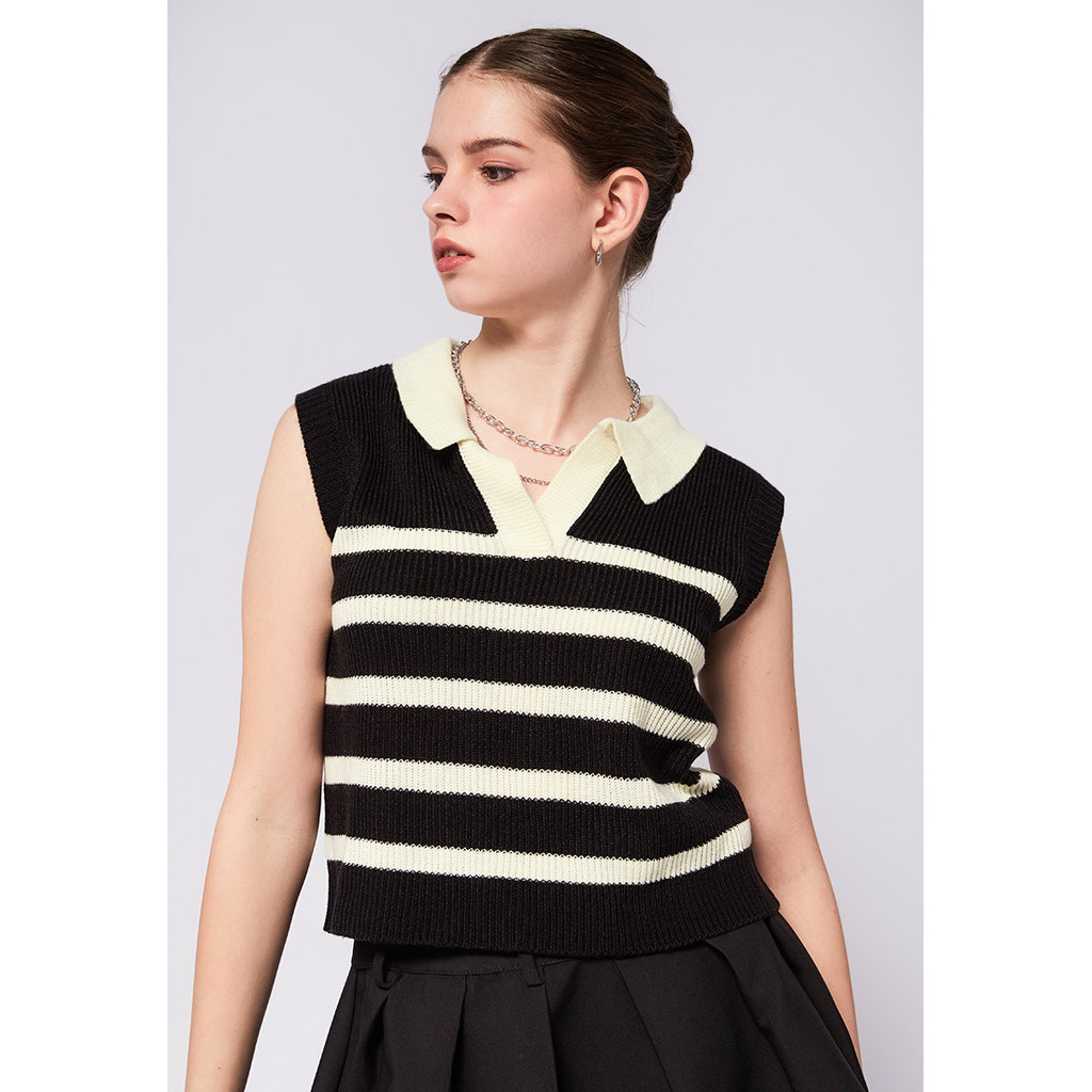 COLORBOX Stripe Knit Polo Vest Black
