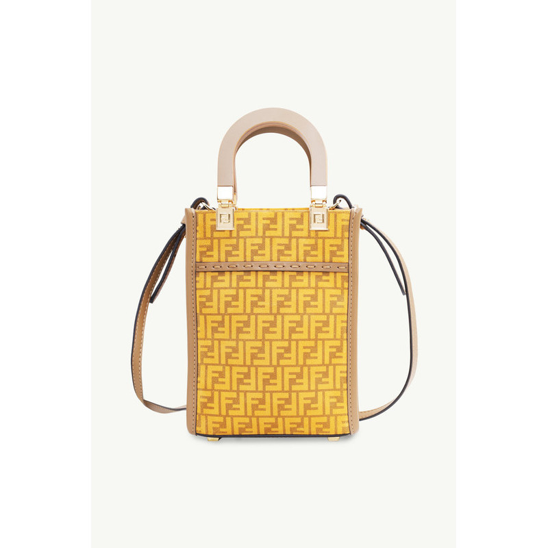 FENDI Mini All Over FF Logo Sunshine Shopper Bag in Yellow/Sand Suede x Leather with Wood Handle