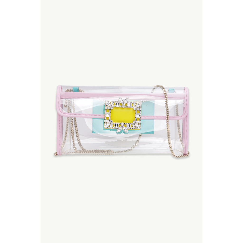 ROGER VIVIER Broche Vivier Buckle Clutch in Green/Pink/Yellow PVC